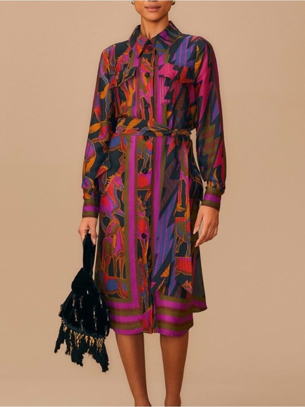 FARM Rio Mixed Wild Horses Belted Long Sleeve Shirtdress